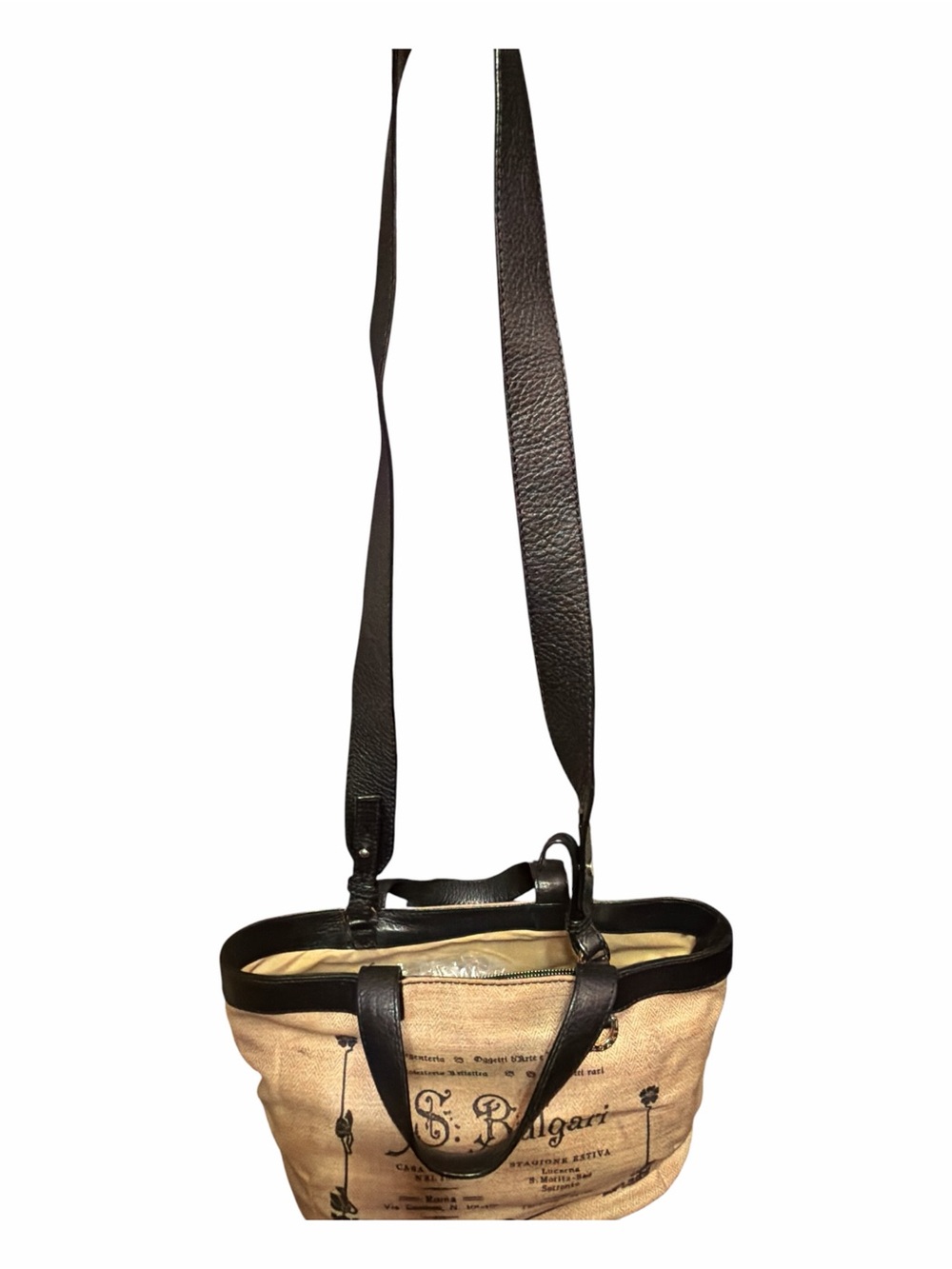 Rare Vintage Authentic BVLGARI "Arte e Antiquaria" Canvas & Black Leather Tote